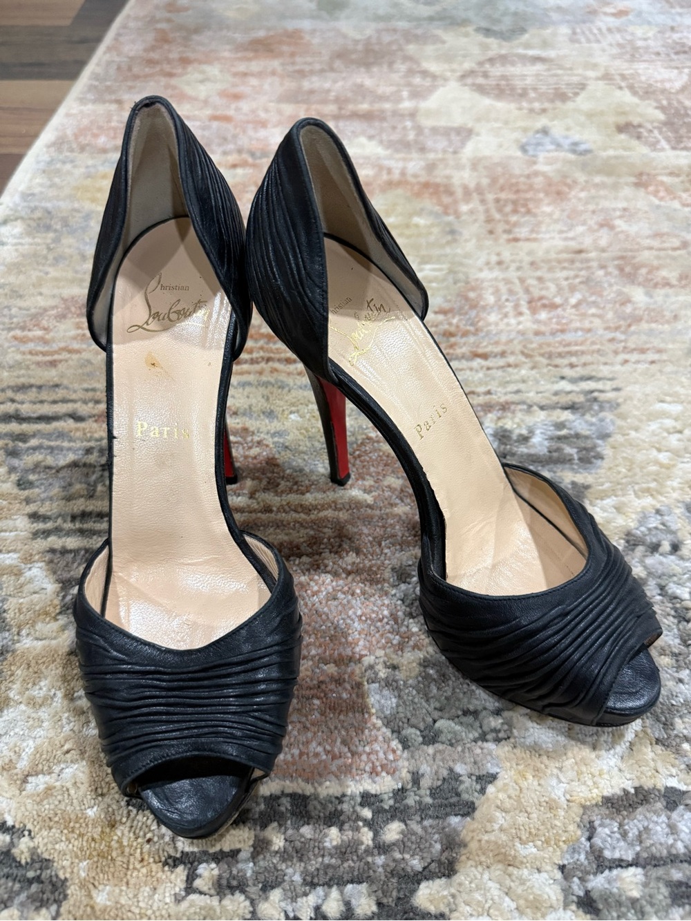 Christian Louboutin Black Leather D'Orsay Peep-Toe Heels with Red Soles